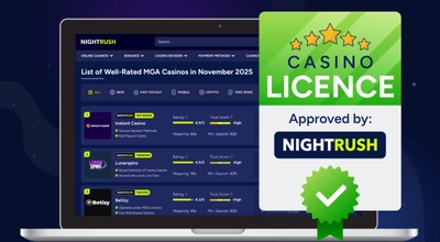 Laptop showing a list of MGA Casinos and a five-star Casino Licence approved by Nightrush.