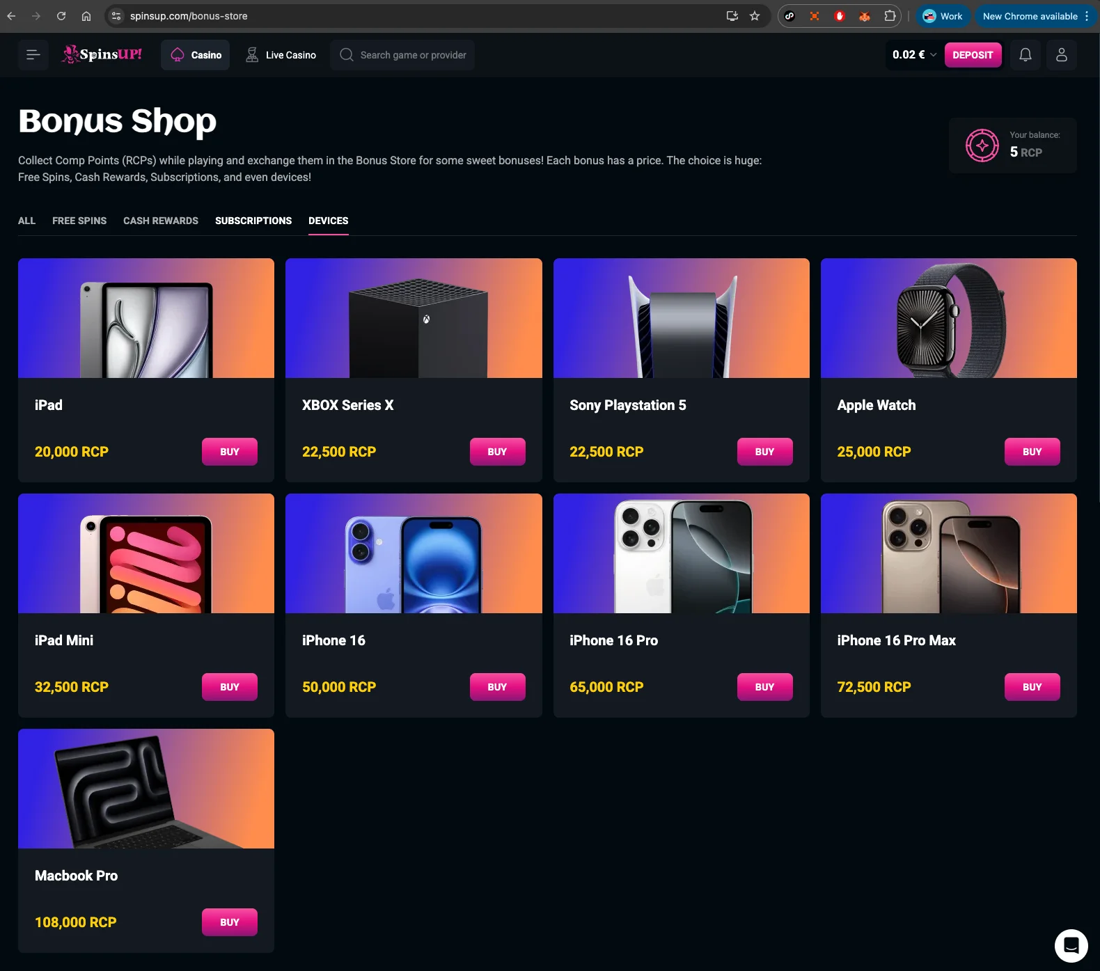 SpinUP Casino bonus shop