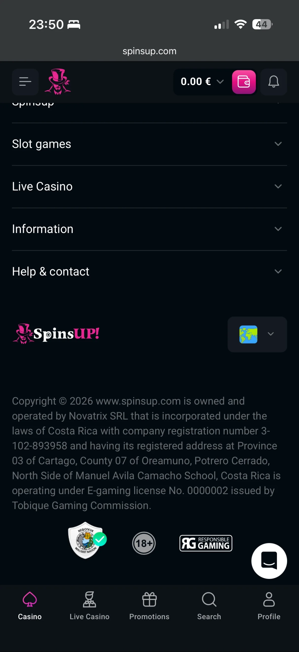 SpinsUP Casino homepage
