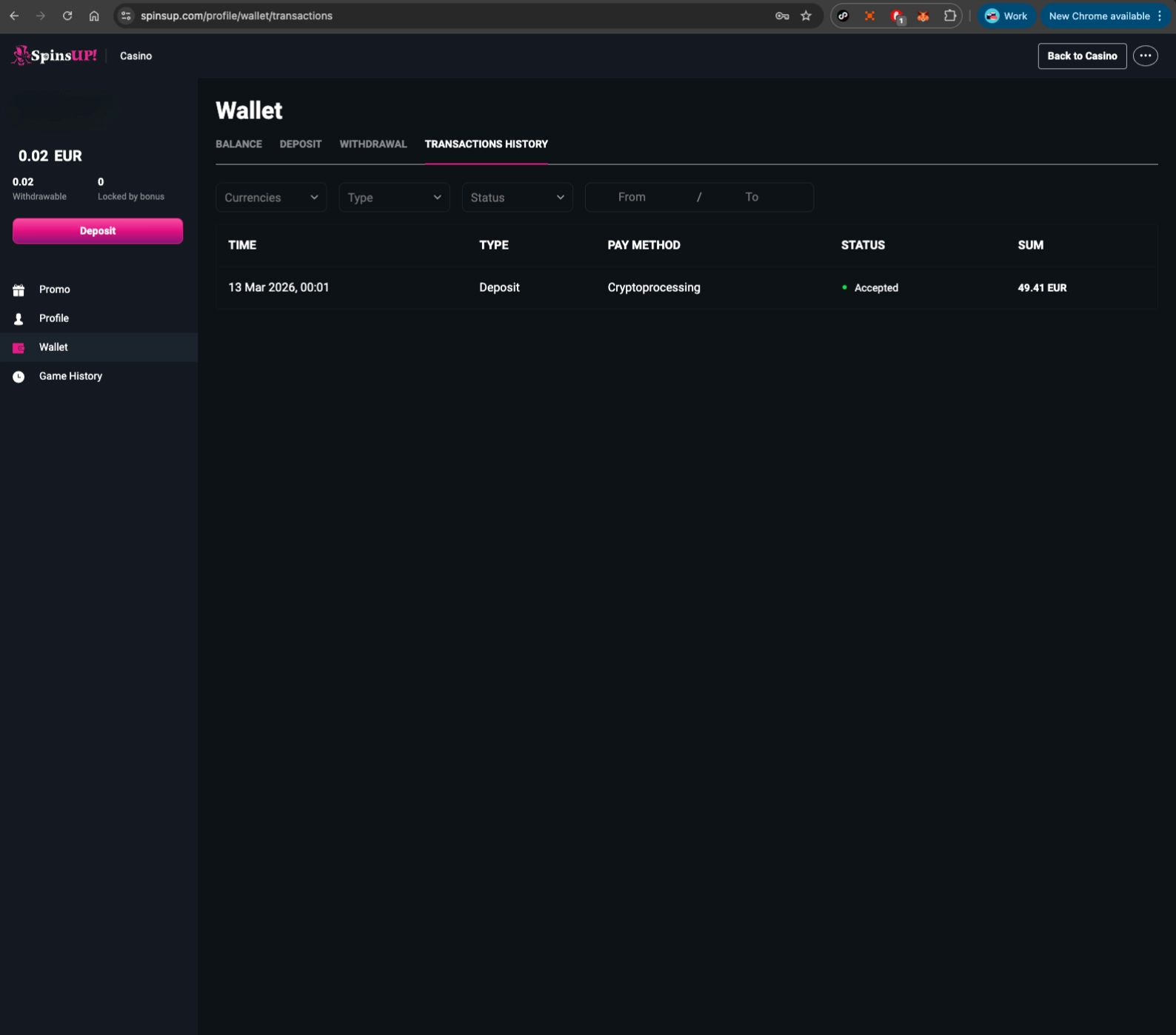 SpinUP Casino payment history