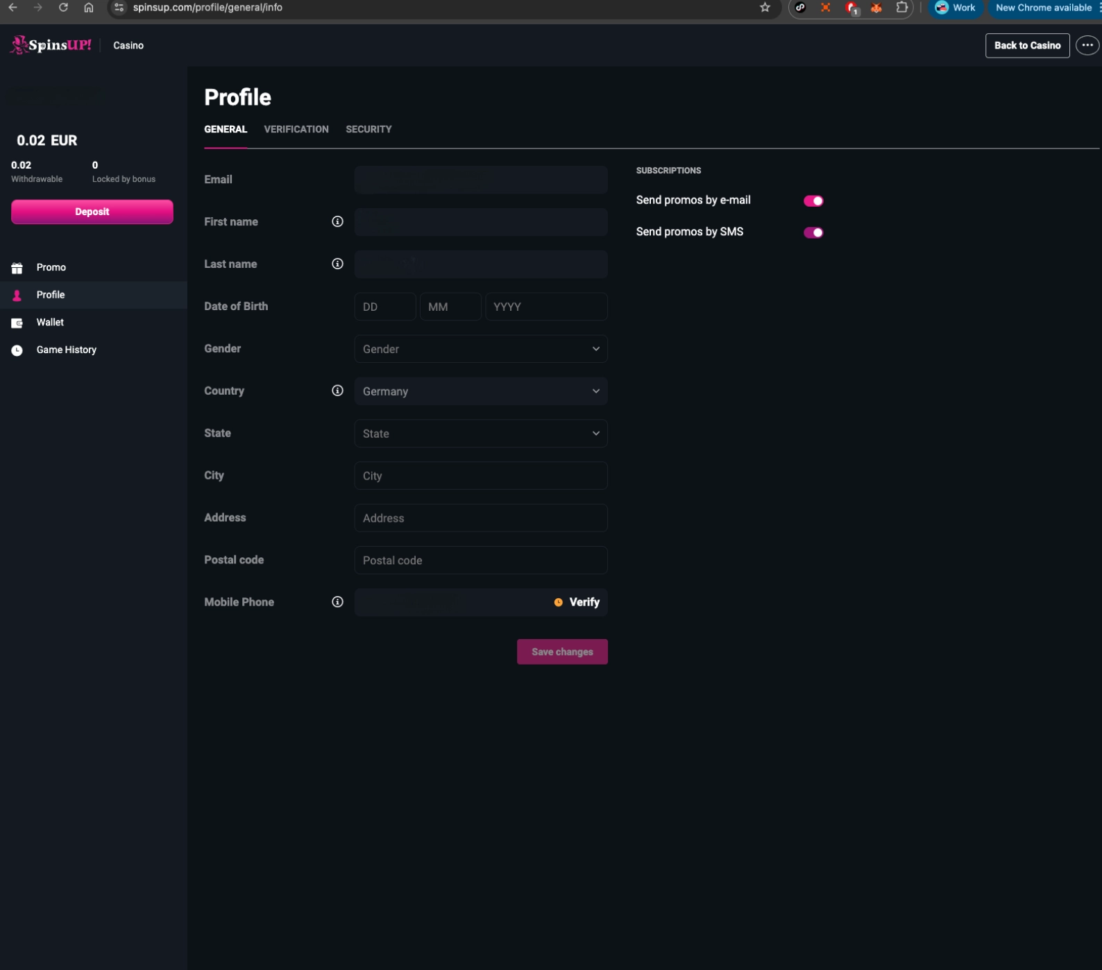 SpinUP Casino profile page