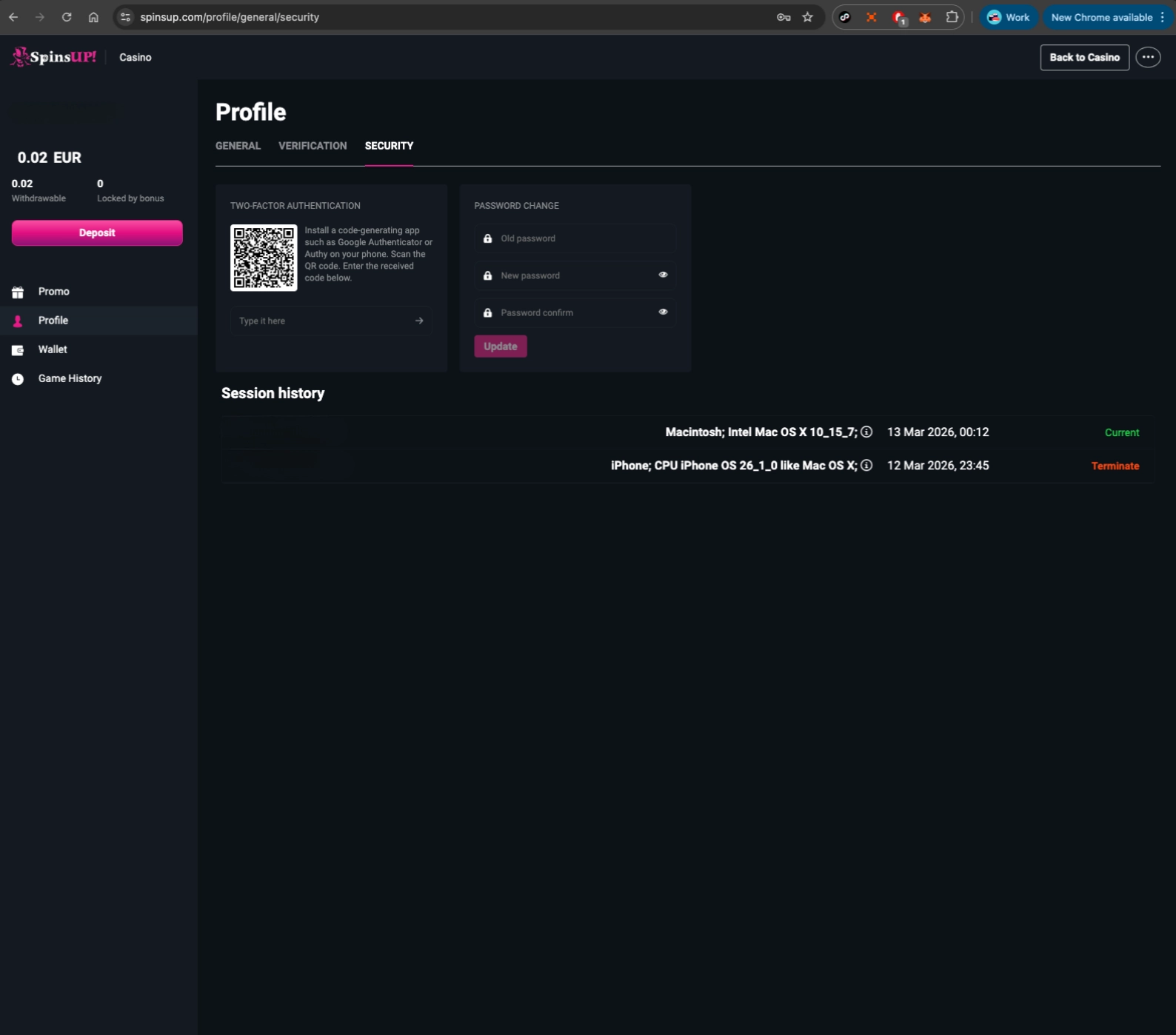 SpinUP Casino profile security