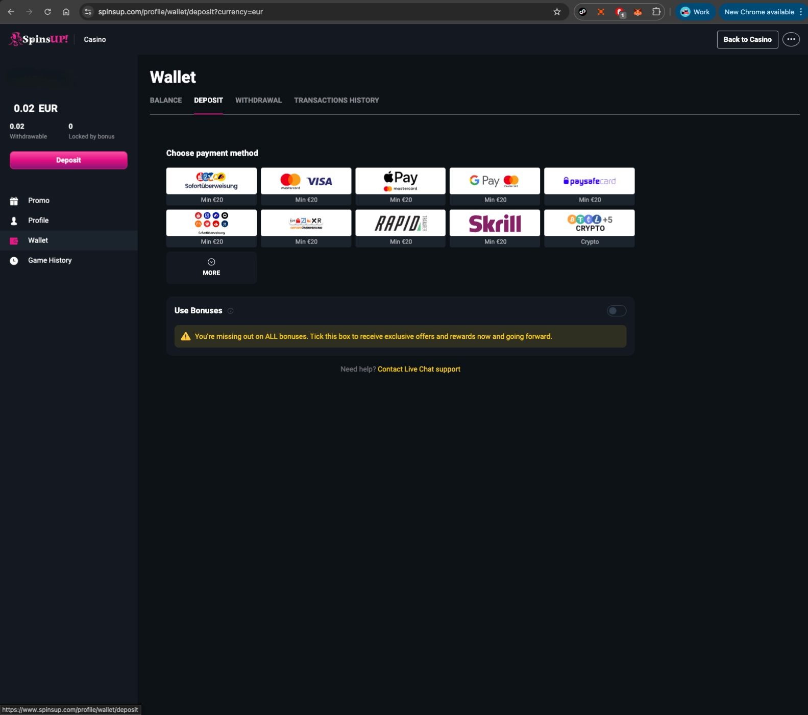 SpinUP Casino deposit wallet