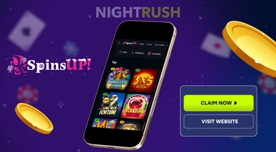 SpinsUP Casino on a phone with a claim now button and two coins against a starry setting.
