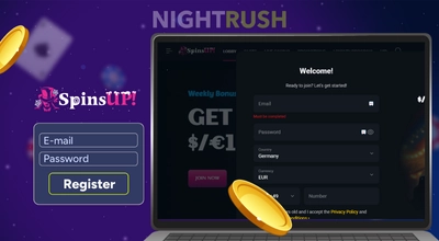 SpinsUP Casino on a laptop with a register button and two chips against a starry setting.