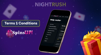 SpinsUP Casino on a phone with a terms button and a gift box against a starry setting.