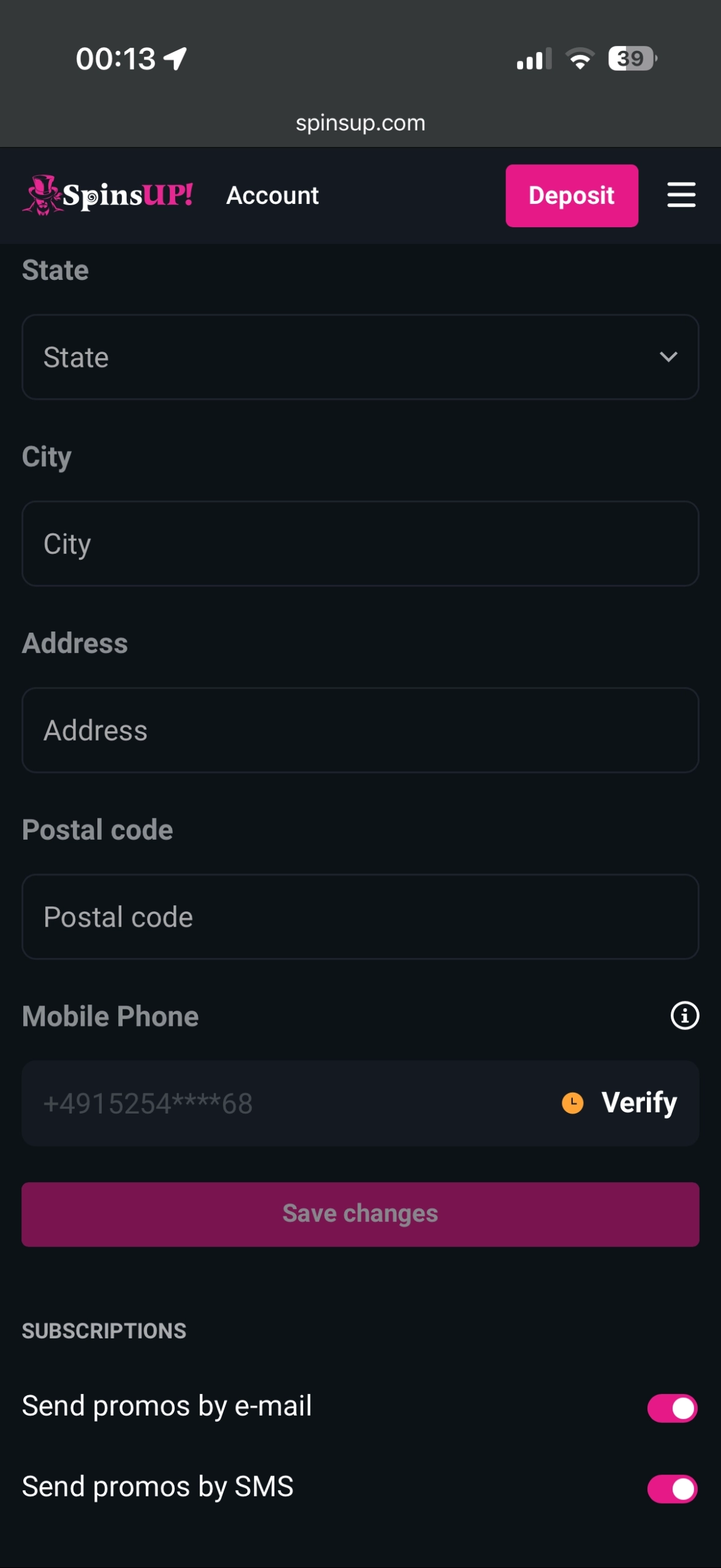 SpinsUP Casino account page