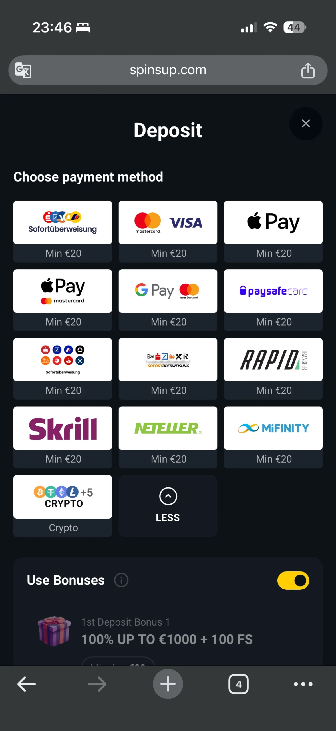 SpinsUP Casino deposit methods