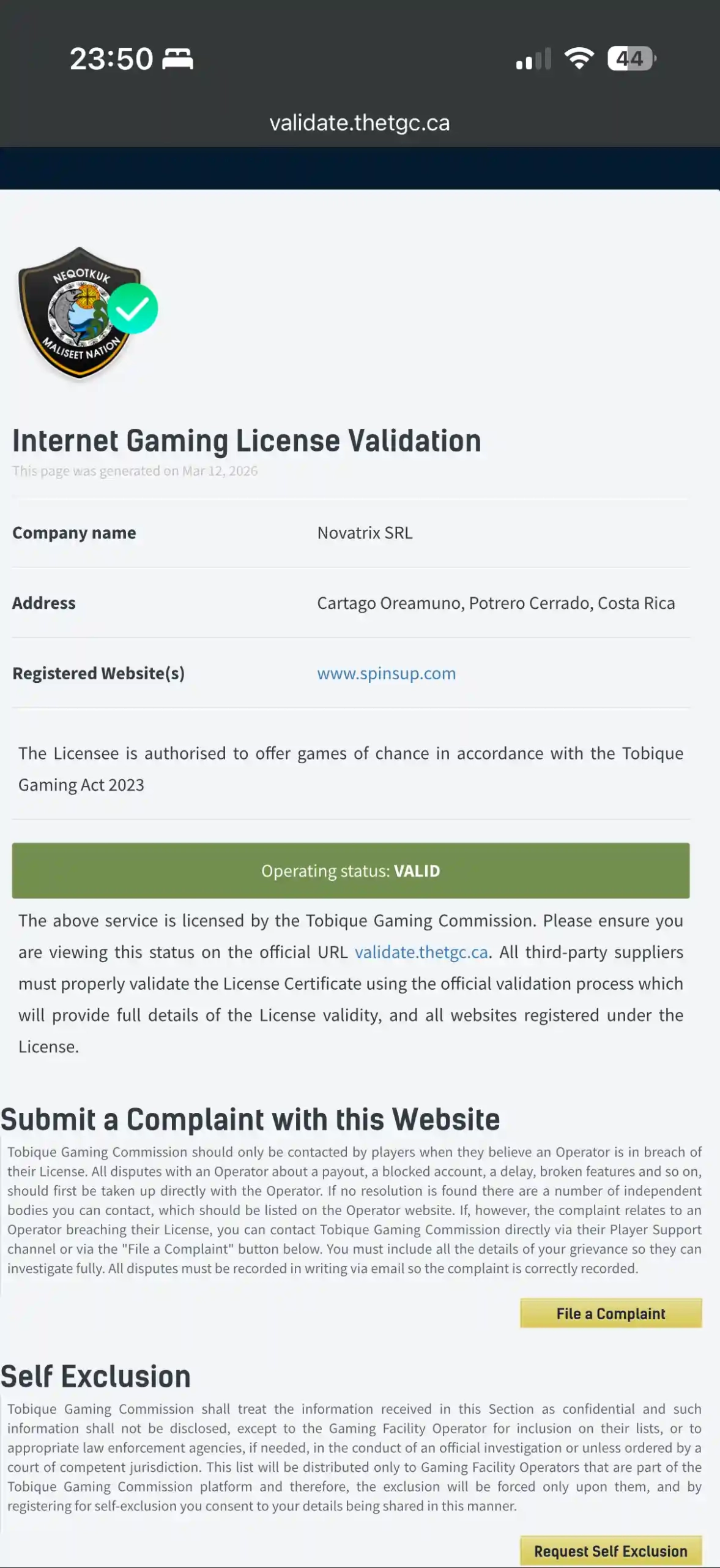 SpinsUP Casino licence