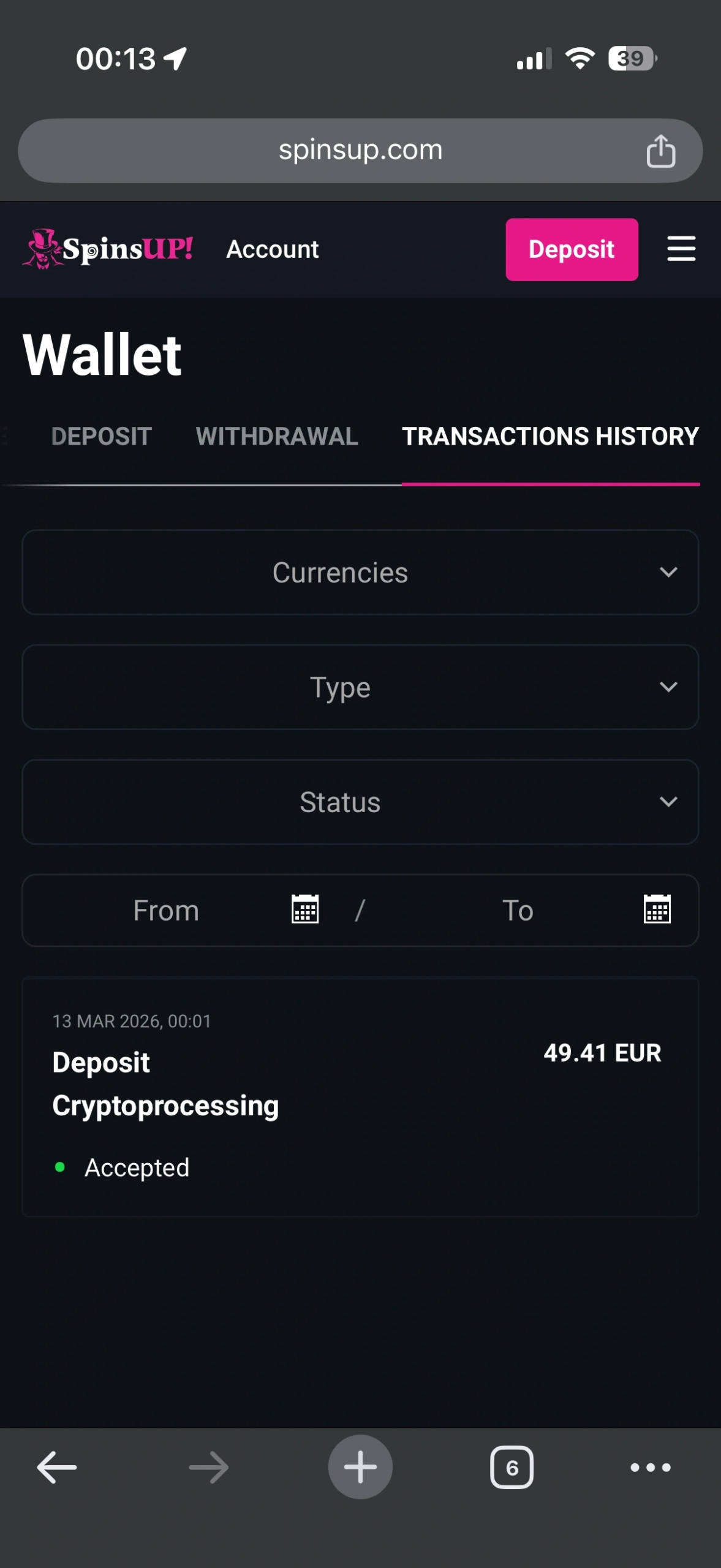 SpinsUP Casino payment history