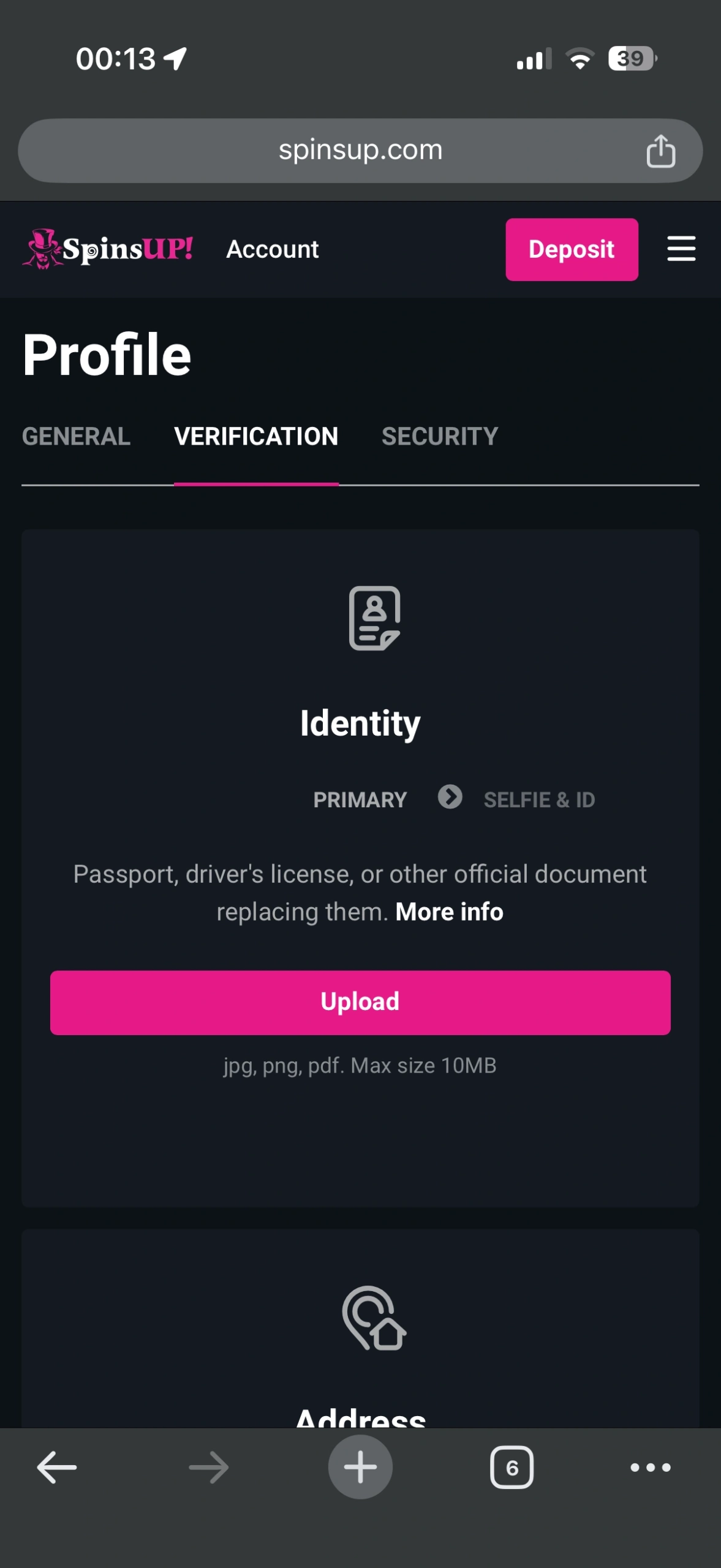 SpinsUP Casino profile verification