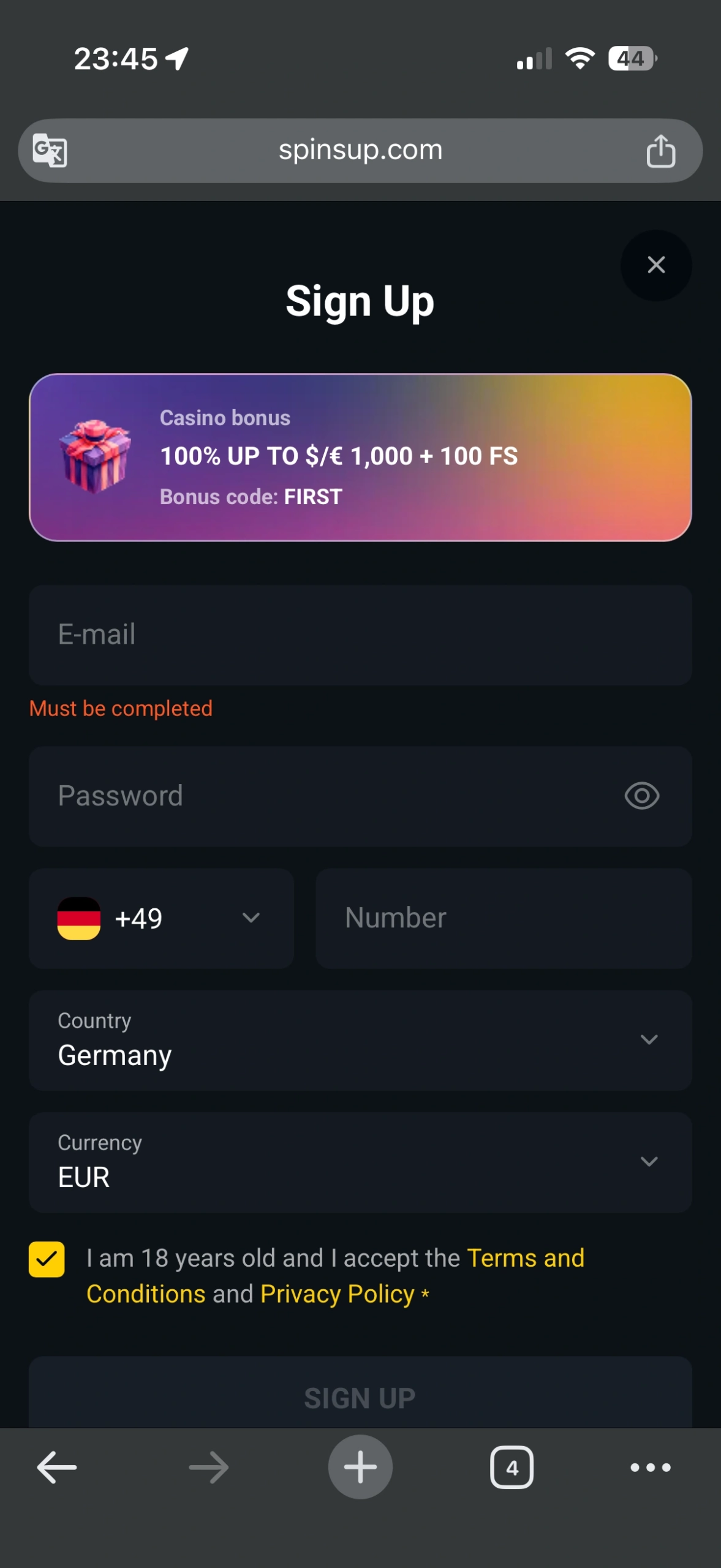 SpinsUP Casino sign up