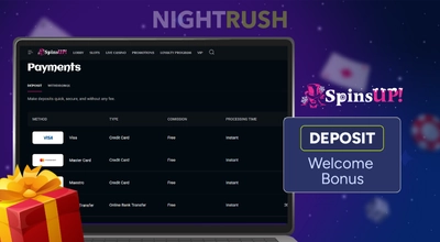 SpinsUP Casino on a laptop with a deposit button and a gift box against a starry setting.