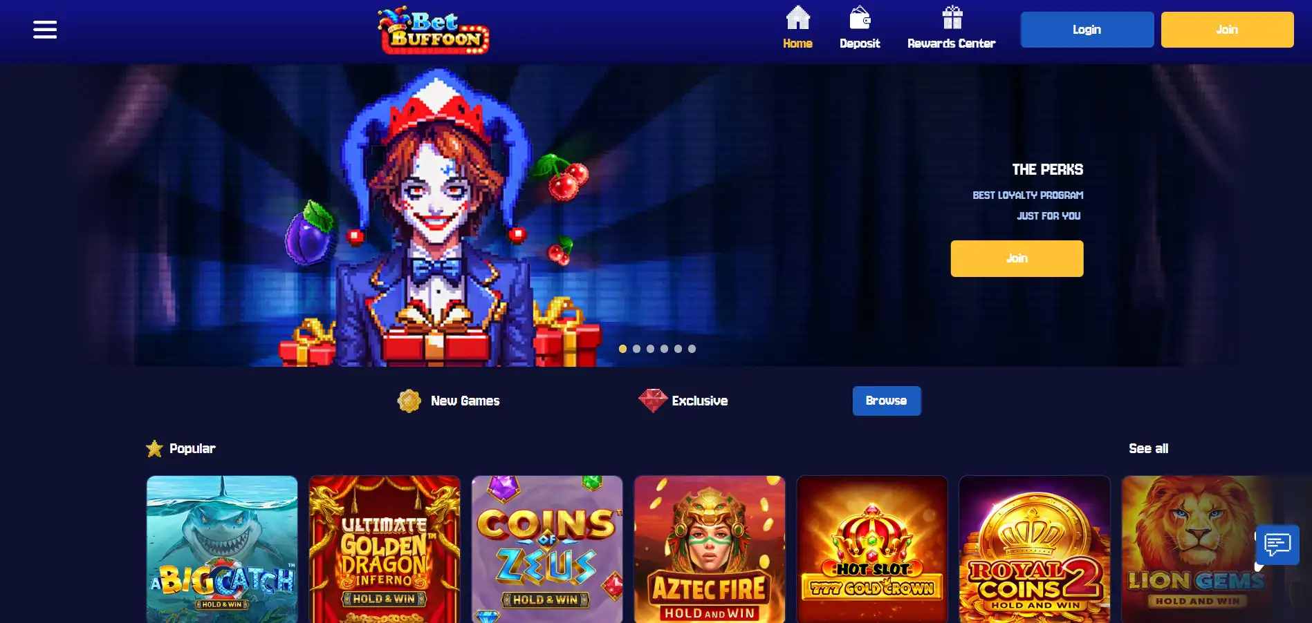 Bet Buffoon Casino with a pixel-art Joker and casino details against a blue background.