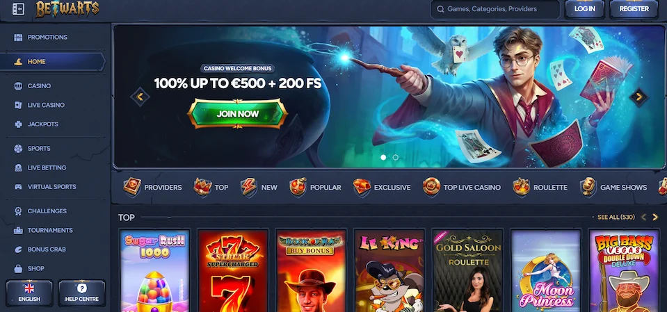 A Harry Potter-themed banner with a bonus, menu and games at Betwarts on a blue background.