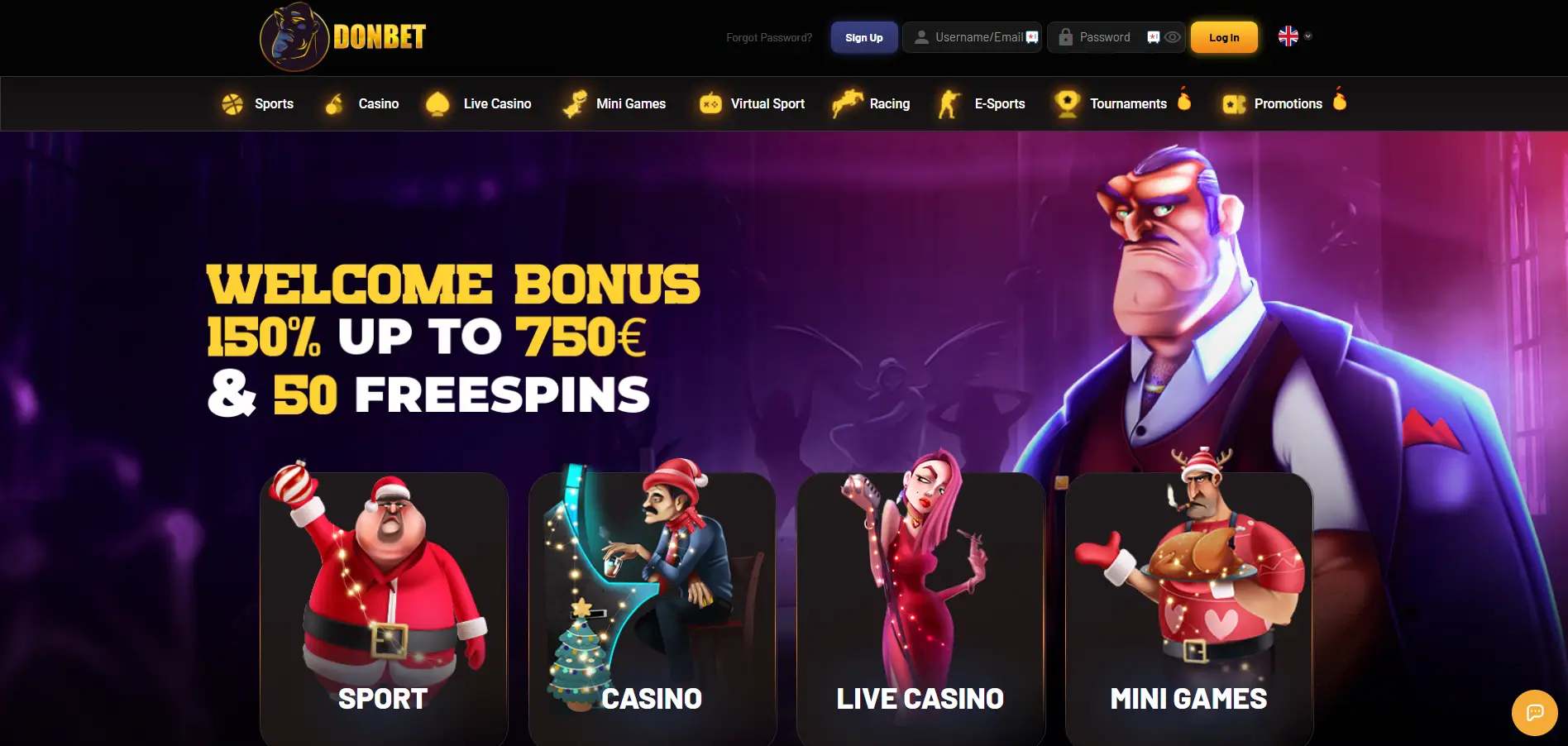 onbet Casino with selected sports and casino categories and menu against a black background.