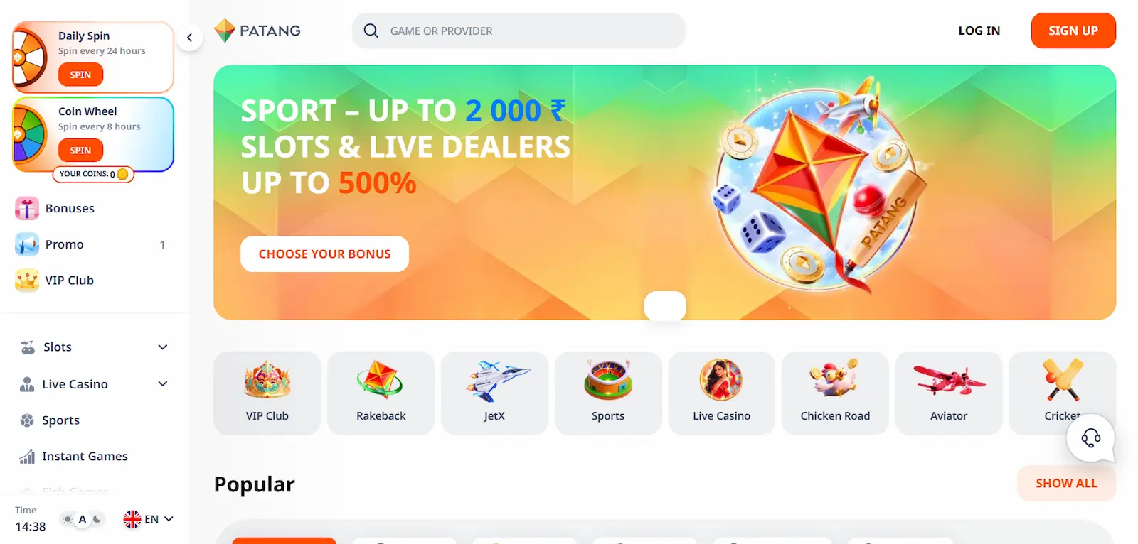 Patang Casino's homepage with welcome bonus details and menu options on a white background.