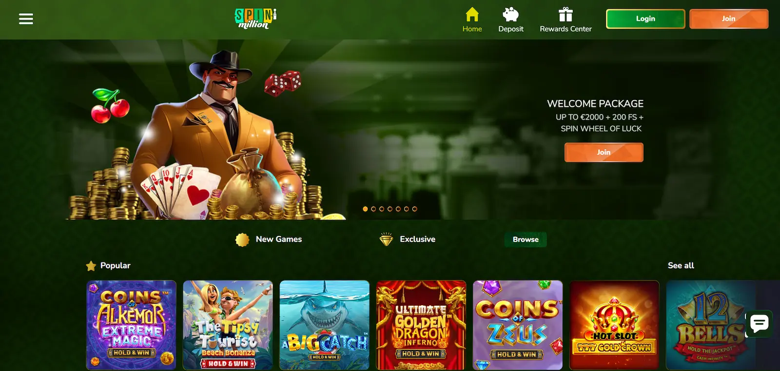 Spin Million Casino with a banner of an illustrated man, casino items and money, menu and games.