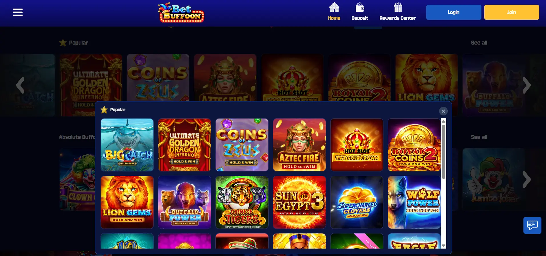 Bet Buffoon casino with selected popular games and details against a blue background.