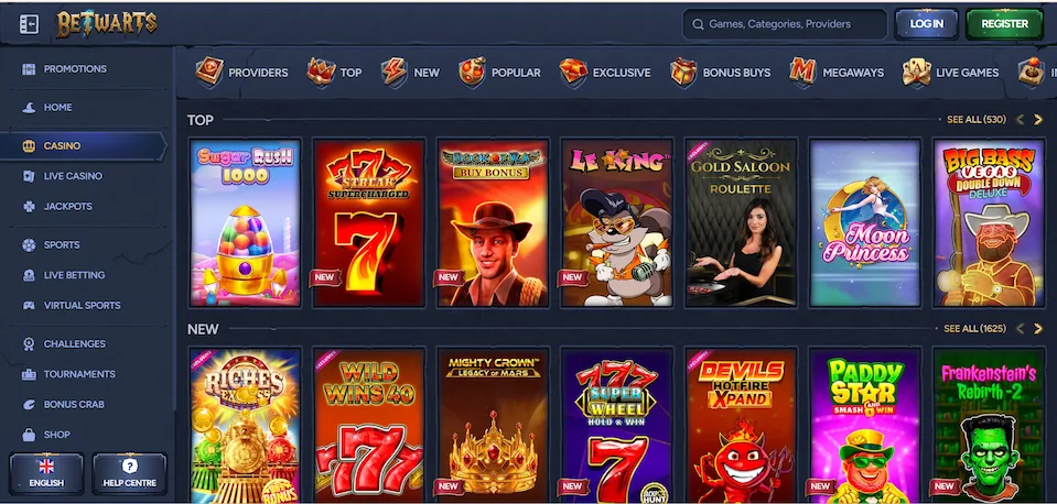 A selection of games with top and new, filters, and menus at Betwarts on a blue background.