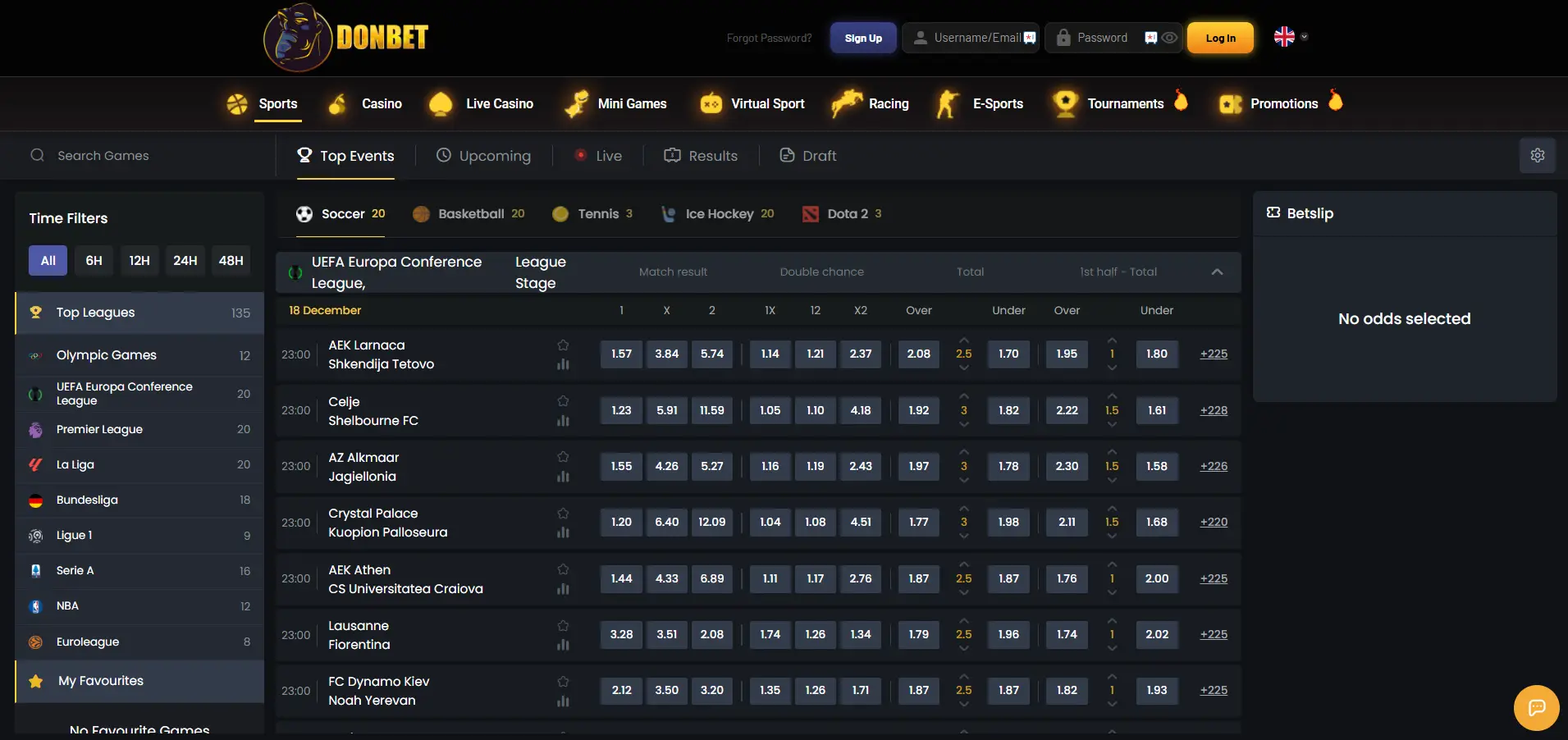 Donbet Casino's sportsbook with selected events and categories against a black background.