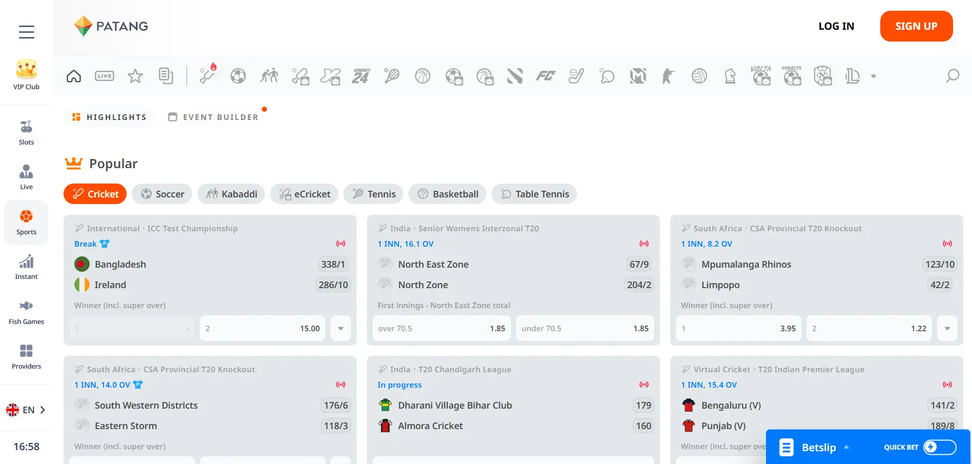 Patang Casino's sports with popular sports events, menu and filtering options on a white background.