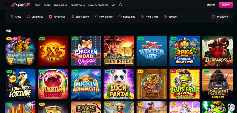 SpinsUP Casino's game page with selected top titles, filtering and menu against a black setting.