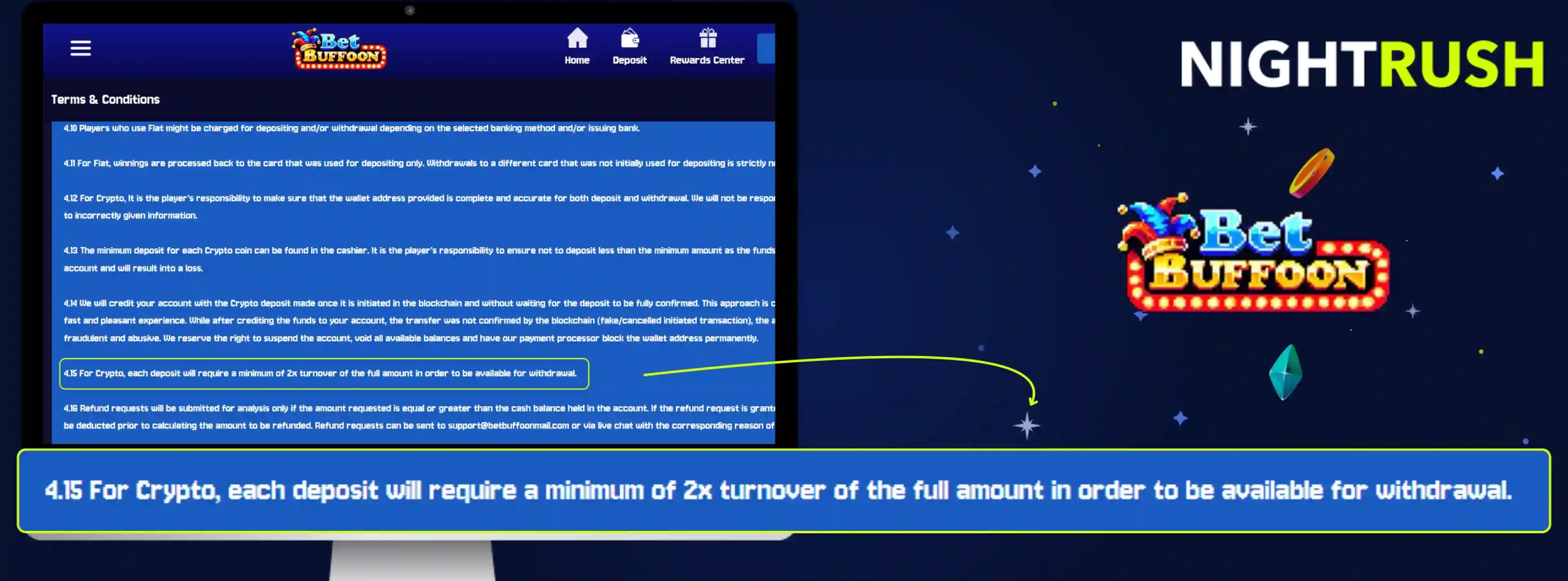 Bet Buffoon's terms on a screen, highlighting the 2x turnover for crypto against a starry background.