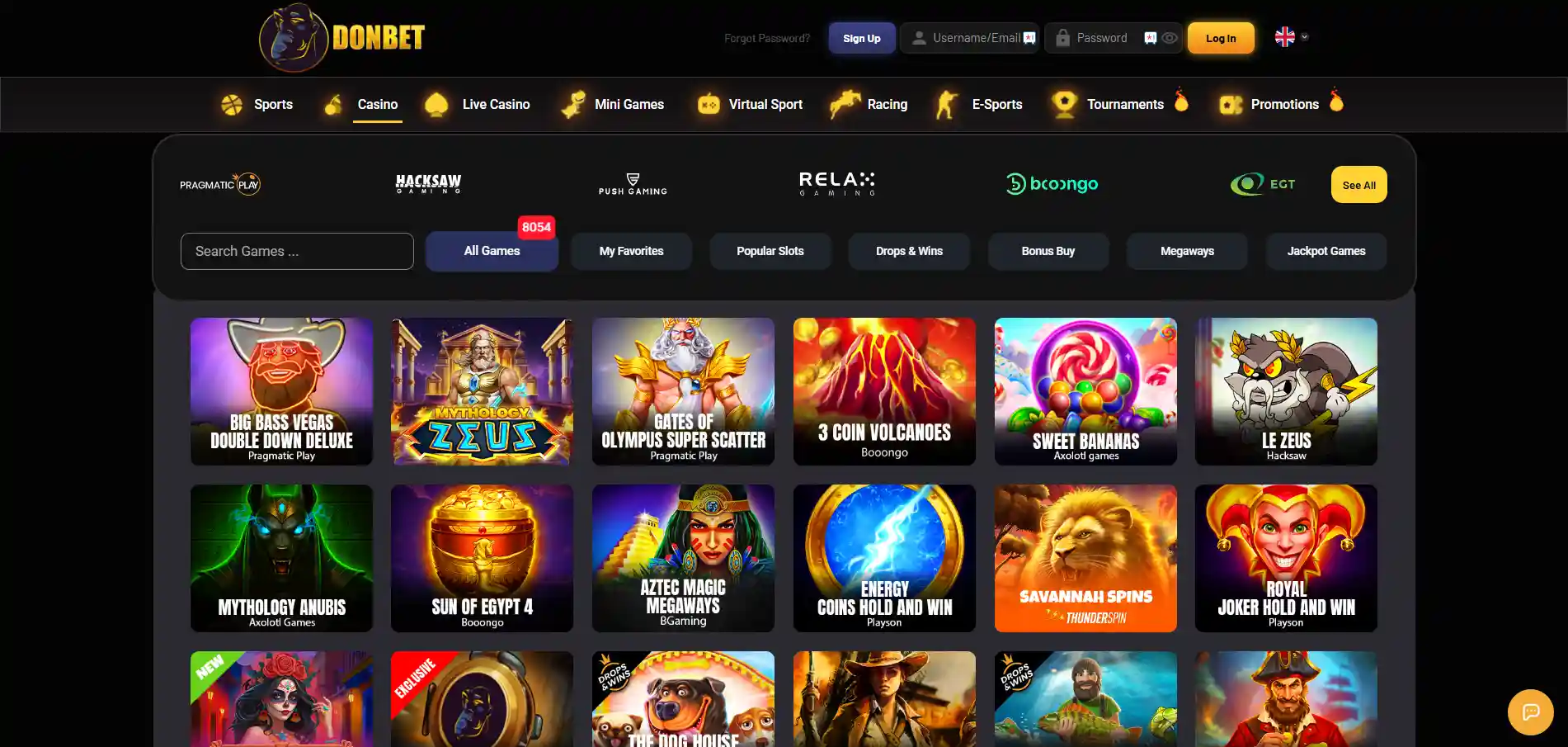 Donbet Casino's casino games with selected popular slots and menu against a black background.