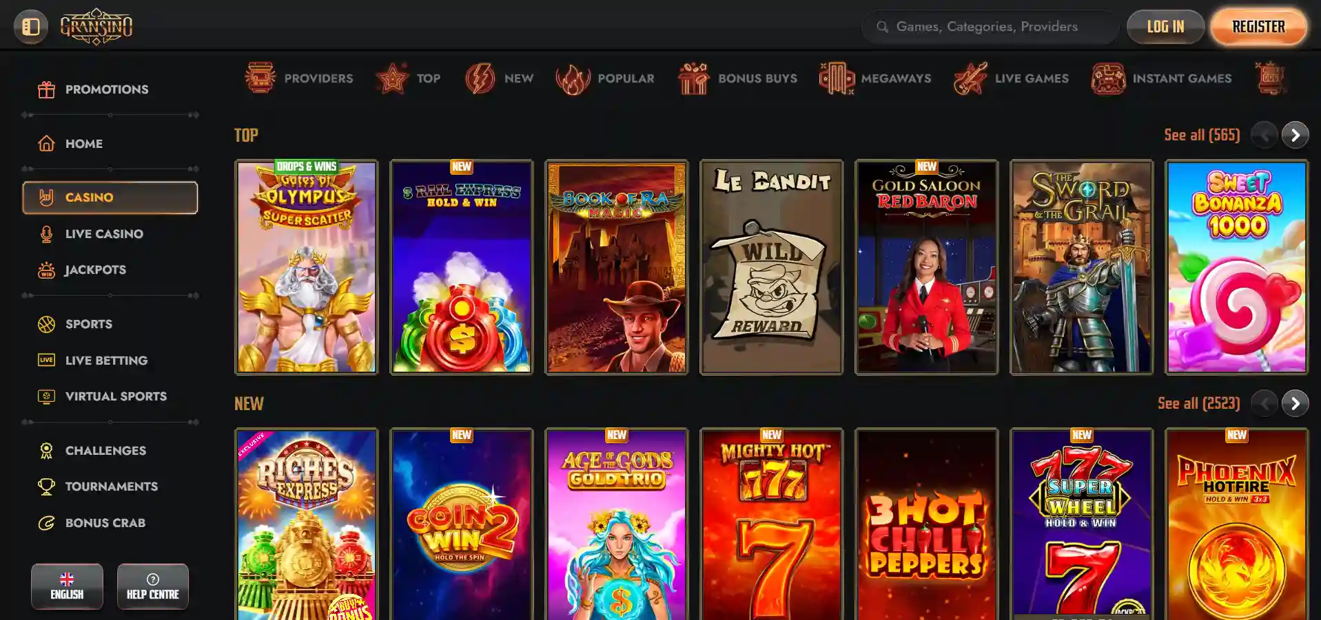 Gransino Casino's games with filtering options, top and new games with the menu.