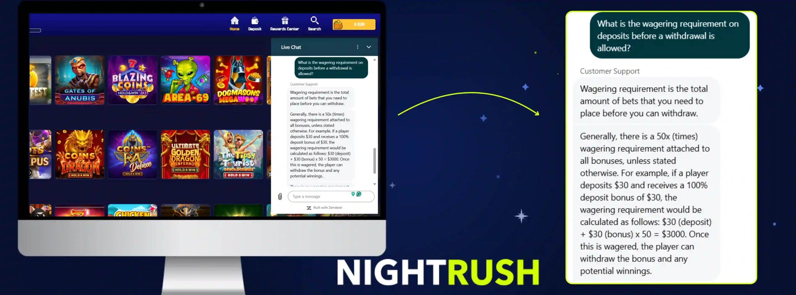 Bet Buffoon's live chat on a screen is highlighted against a starry background.