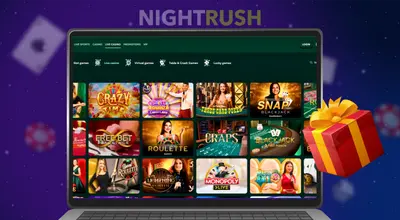 Casino game lobby on a laptop screen with a wrapped present icon.