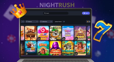 Laptop displaying casino slot game thumbnails, a crown, and a large number seven graphic.
