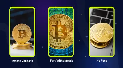 Three columns showing Bitcoin coins with text: Instant Deposits, Fast Withdrawals, and No Fees.