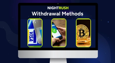 Monitor displaying three columns of Withdrawal Methods: Visa, a mobile transfer, and Bitcoin coins.