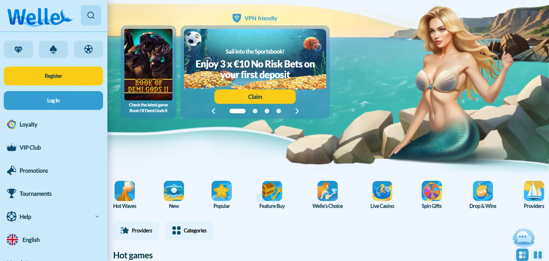 Welle Casino's main page with a menu, filters, and an image of a mermaid sitting on the rocks.
