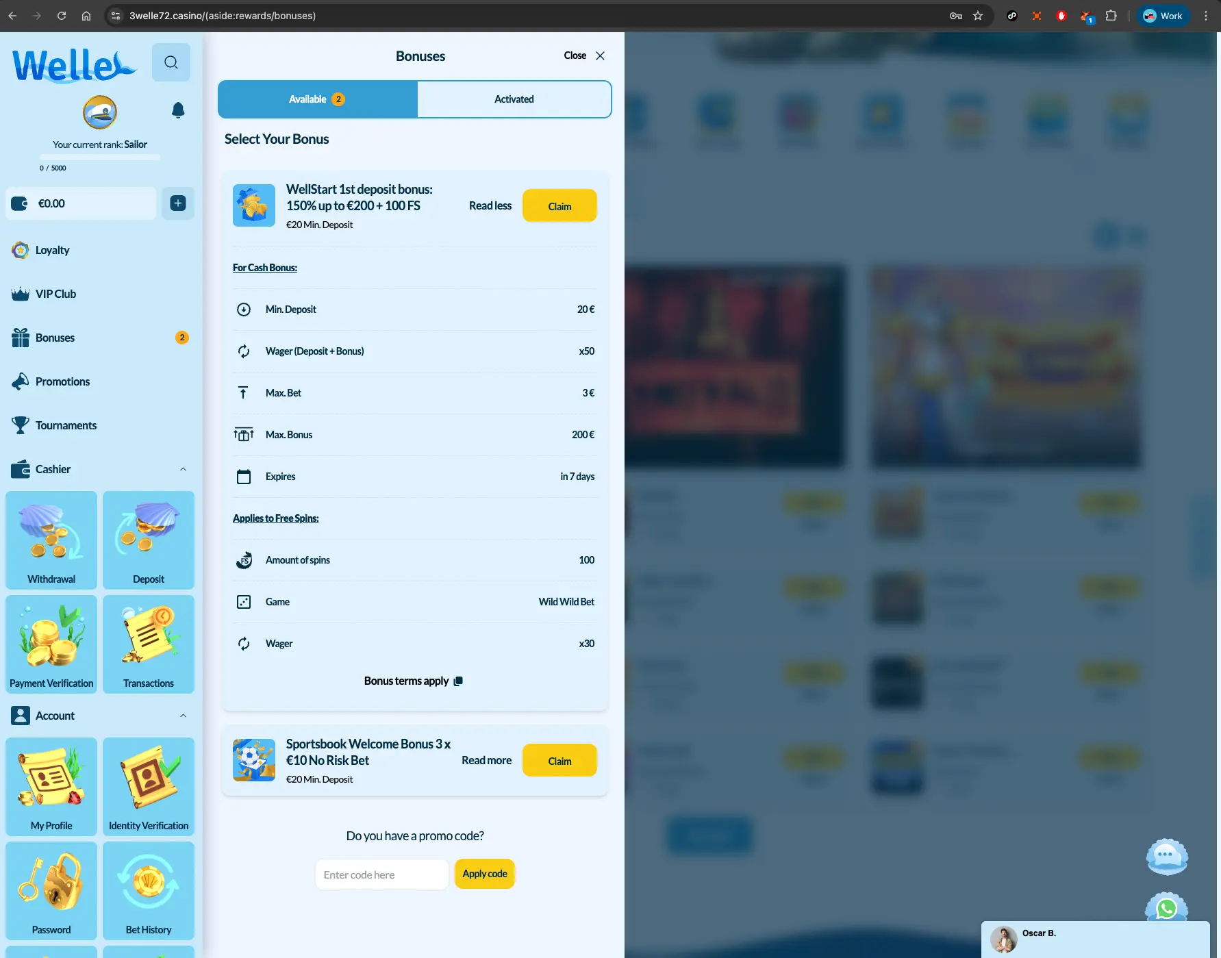 Welle casino available bonuses screen