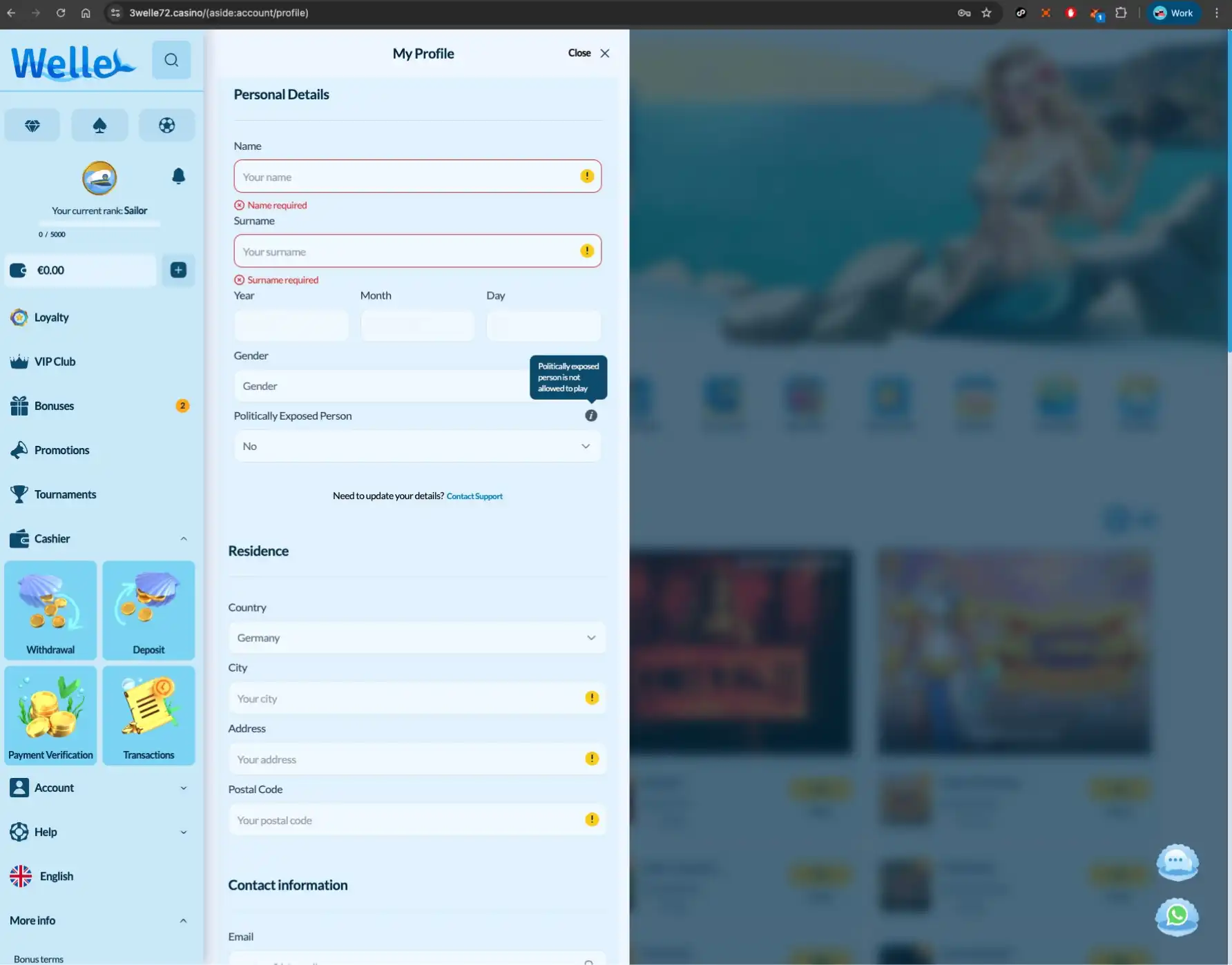 Welle casino personal details screen