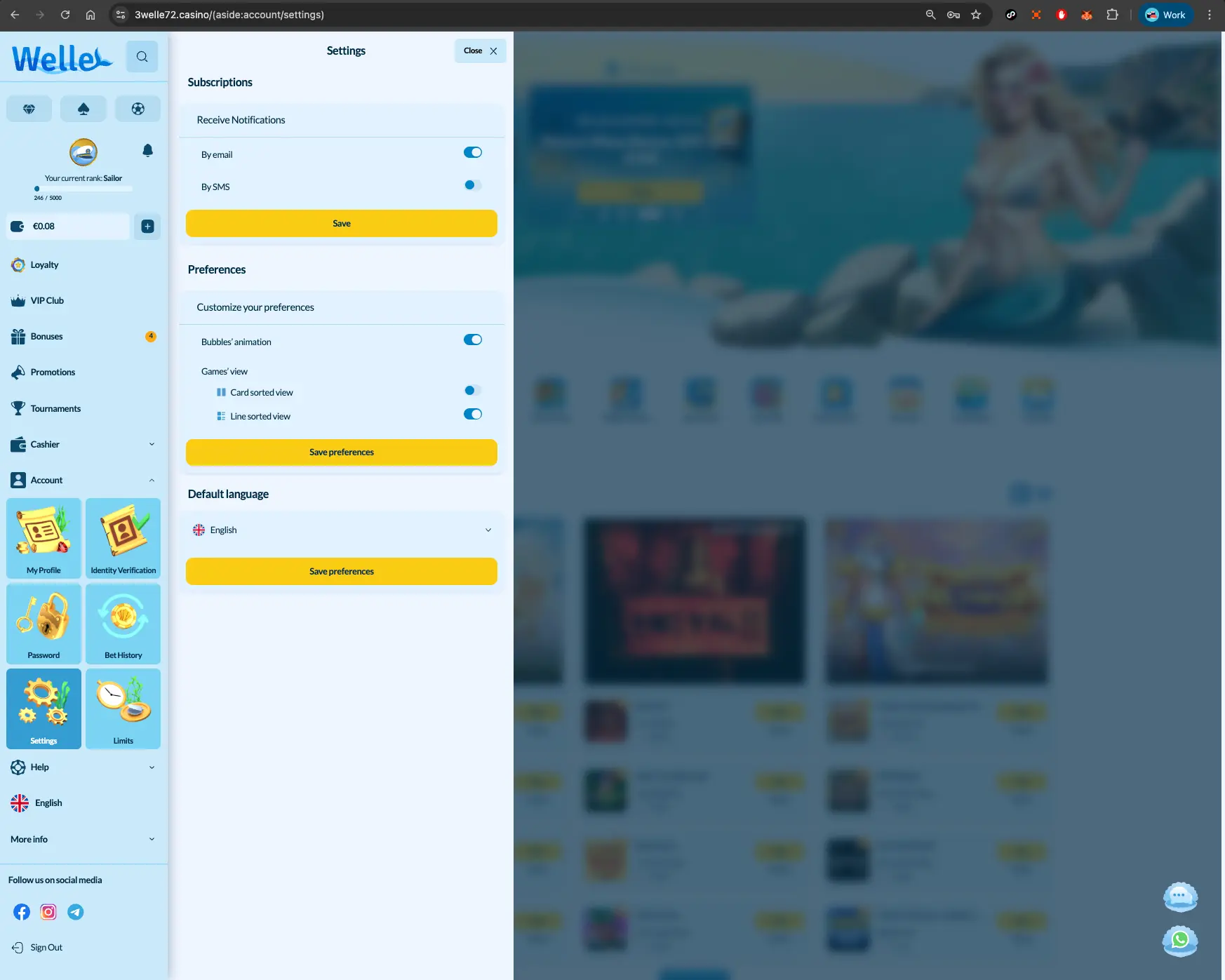 Welle casino profile settings screen