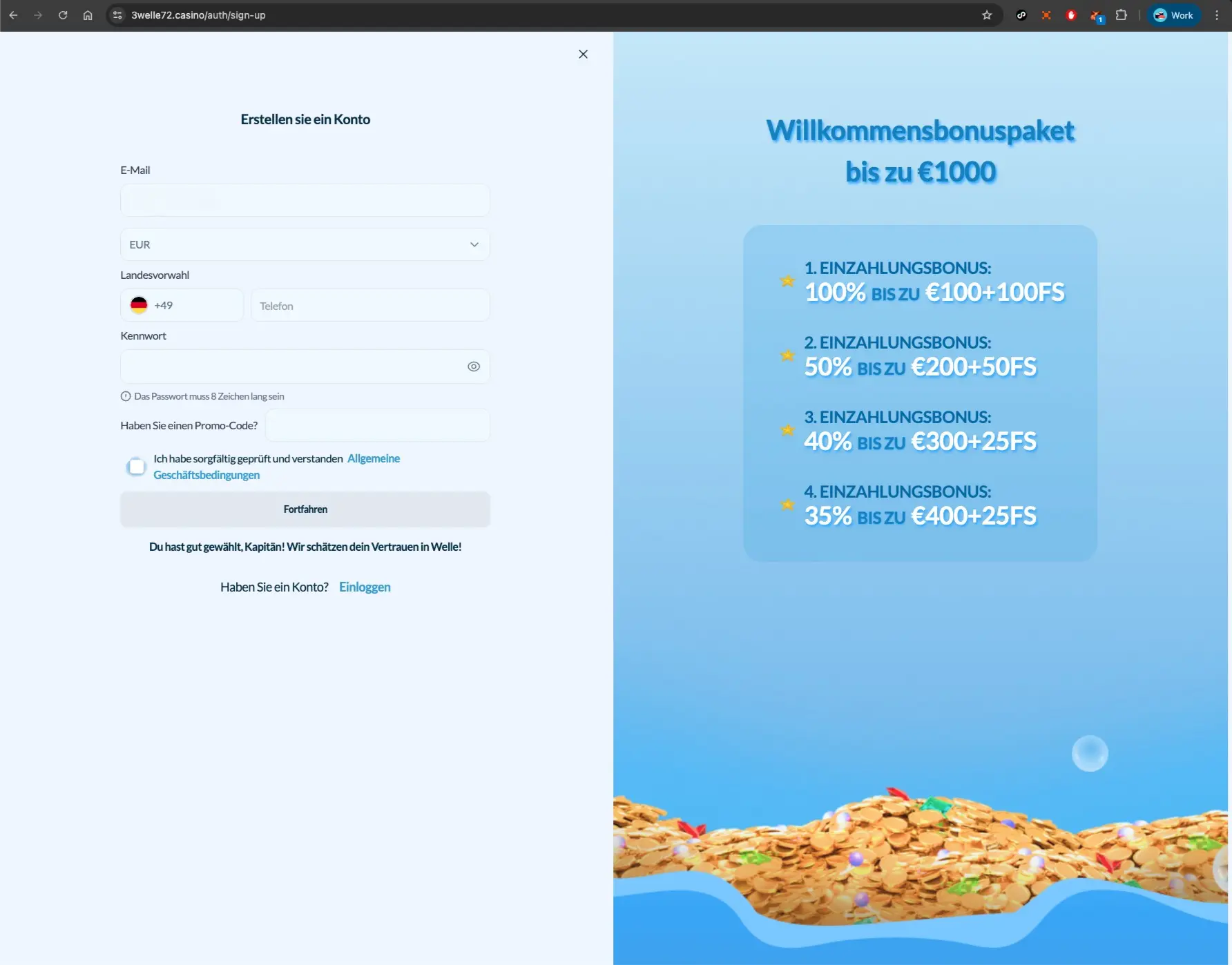 Welle casino sign-Up screen
