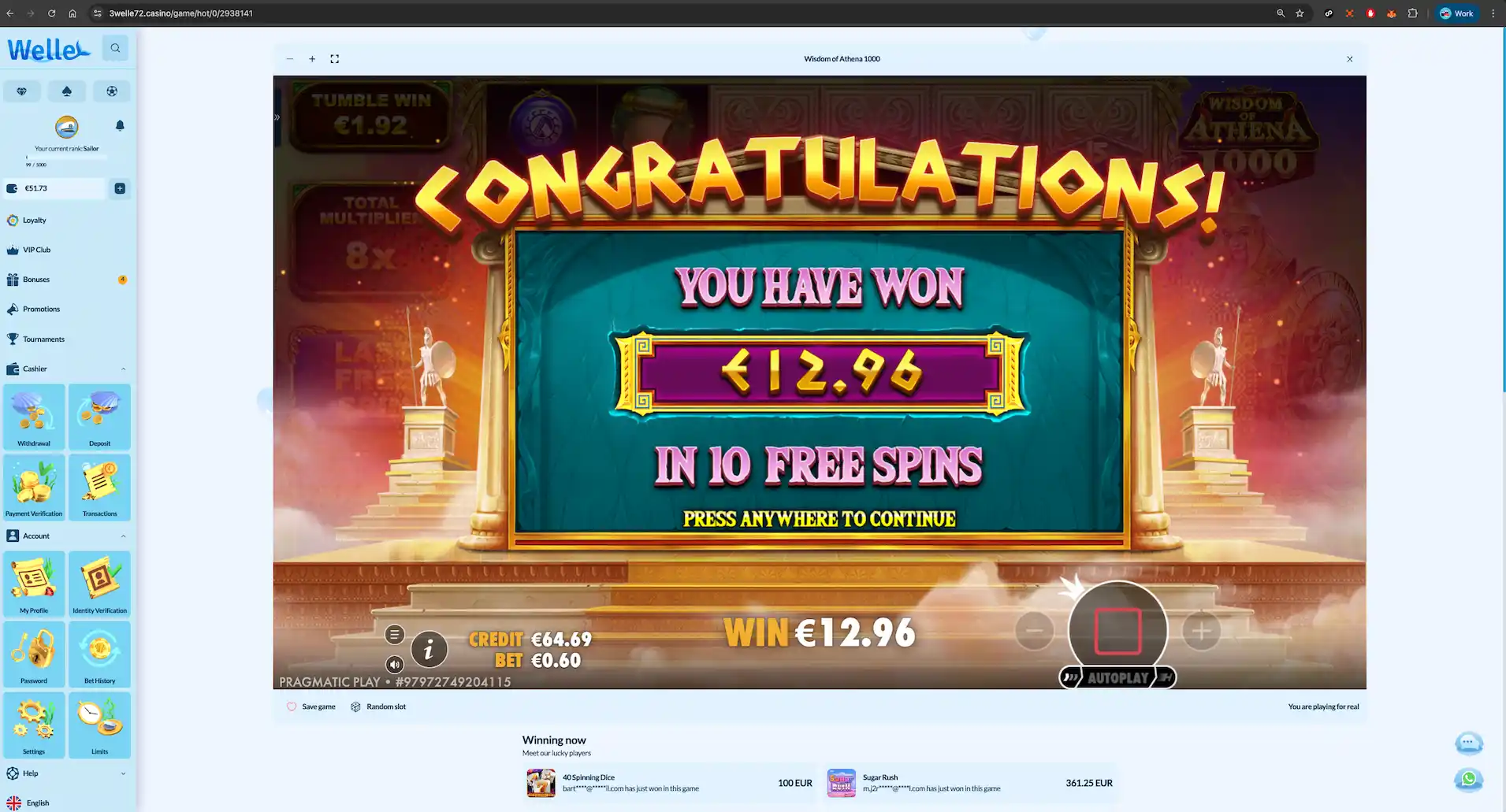 Welle casino wisdom of athena 1000 gameplay screen