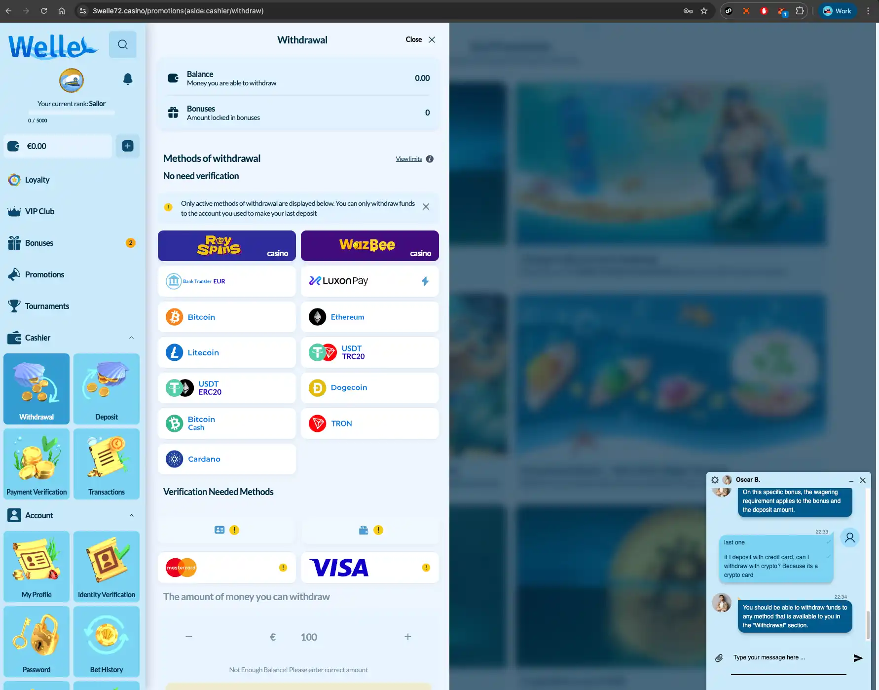 Welle casino withdrawal methods screen