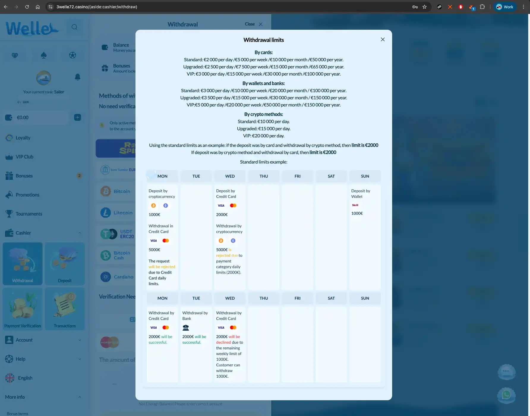Welle casino withdrawal limits screen