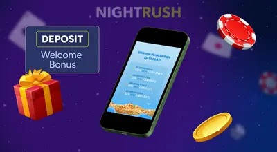 Welle Casino on a phone with casino items and a deposit welcome bonus button on a purple setting.