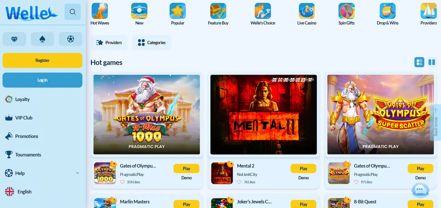 Welle Casino's game page with a menu, filters, and selected hot games like Games of Olympus.
