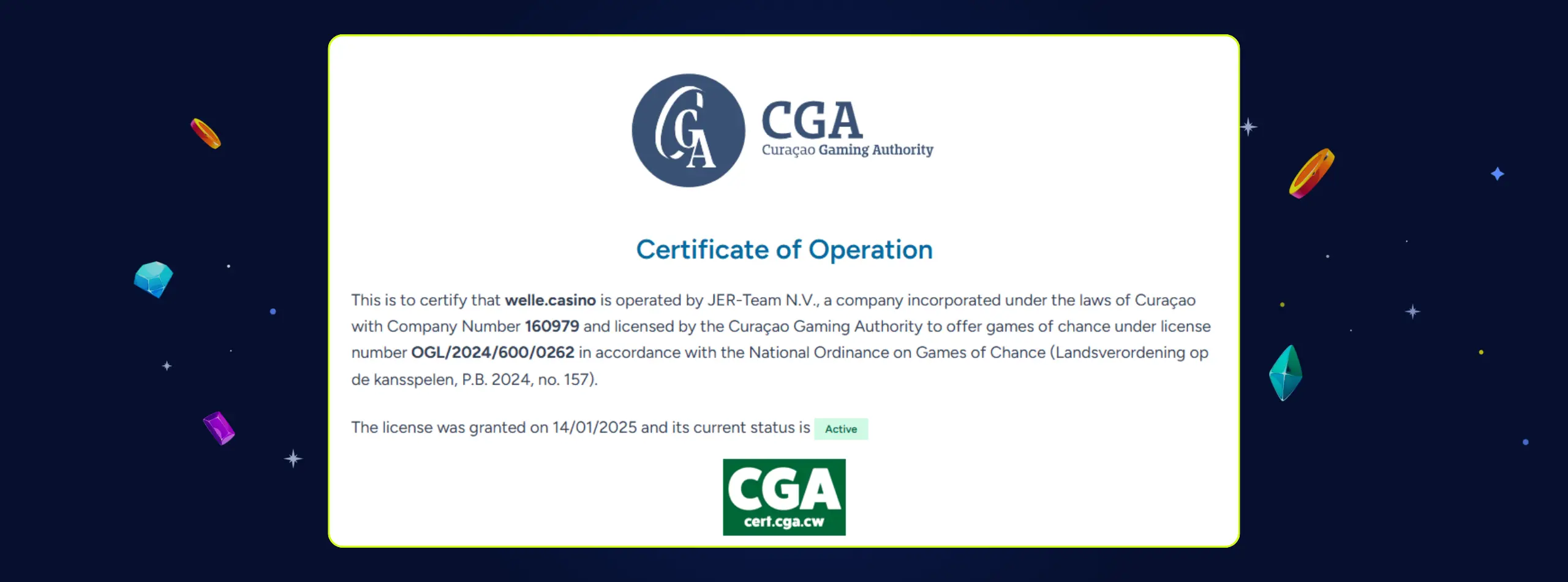 A callout box shows Curaçao licence confirmation page for Welle Casino.
