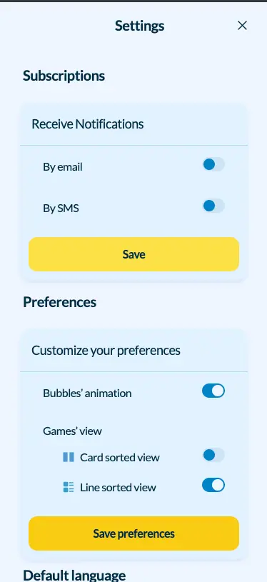 Welle casino profile settings screen