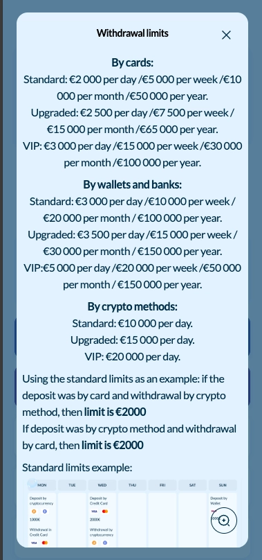 Welle casino withdrawal limits screen