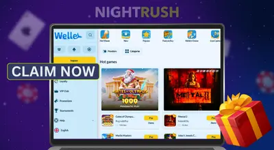 Welle Casino on a laptop with a claim now button and a gift box on a purple setting.