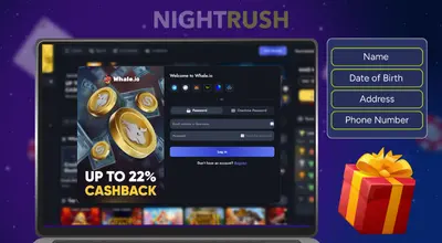 A laptop with Whale.io registration, register details, and a gift box against a starry setting.